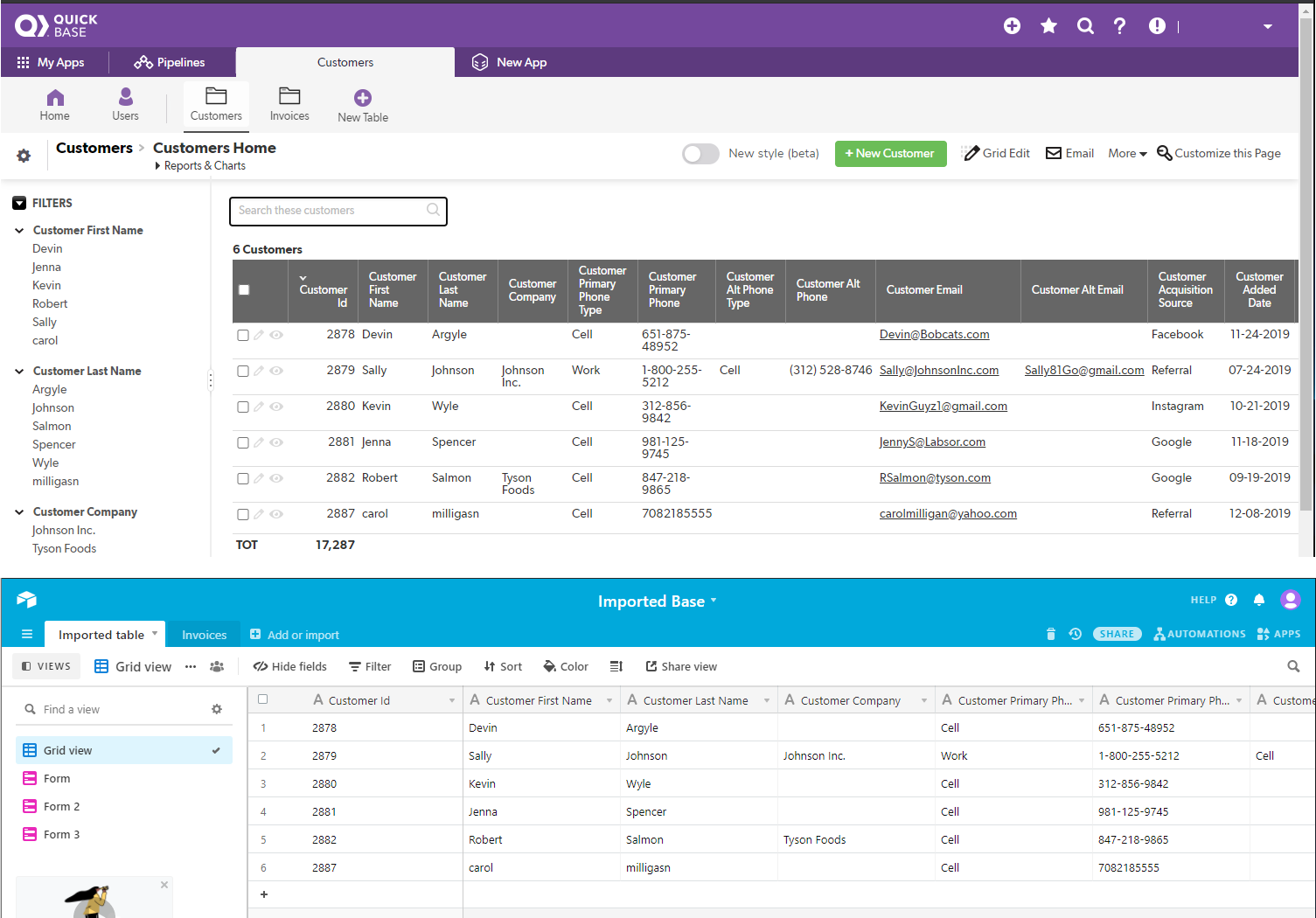 Quickbase and airtables data views